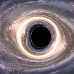 Ray-traced image of a spinning Kerr black hole (a = 0.9) that bends the light of the Milky Way. The black shadow is at the centre.